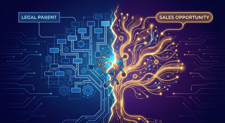 Illustration of an Account Hierarchy conflict: Left side shows a rigid Legal Parent structure, Right side shows a fluid Sales Buying Center network.
